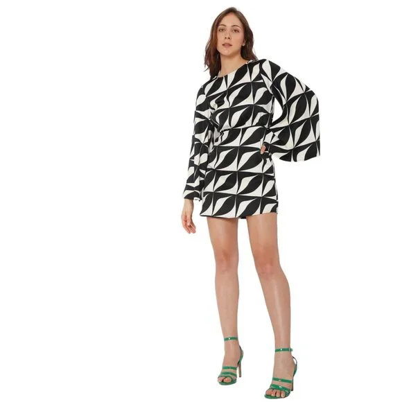 Printed Boat-Neck Sheath Dress Black & Cream  Size Small - Picture 4 of 4